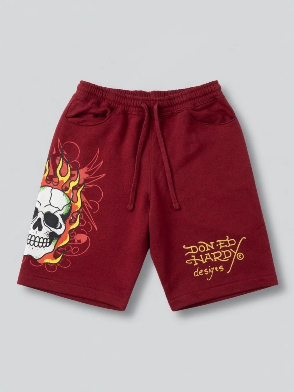 Ed Hardy Maroon Flame Skull Athletic Shorts